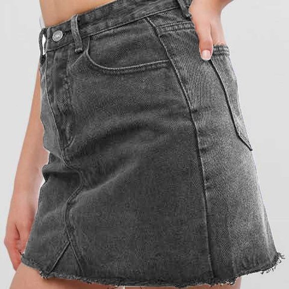 Denim Washed Off Black Mini Skirt Fringe Trim Small Dark Grey Gray Mini Skirt - Picture 5 of 6